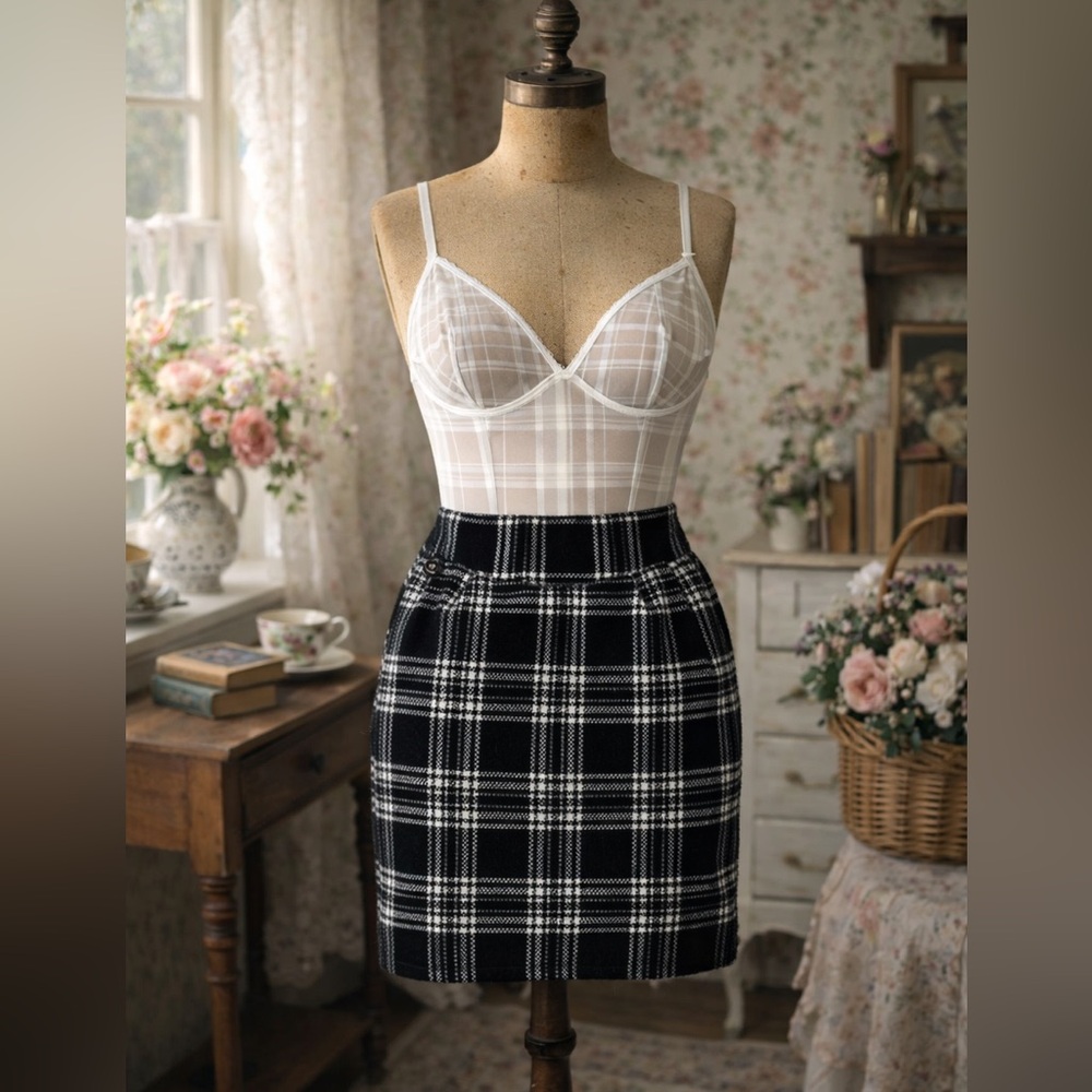 Black & White Wool Plaid Mini Skirt